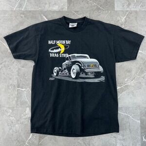 90s Vintage Drag Racing Graphic Tee Mens Large Short Sleeve Half Moon Bay Strip